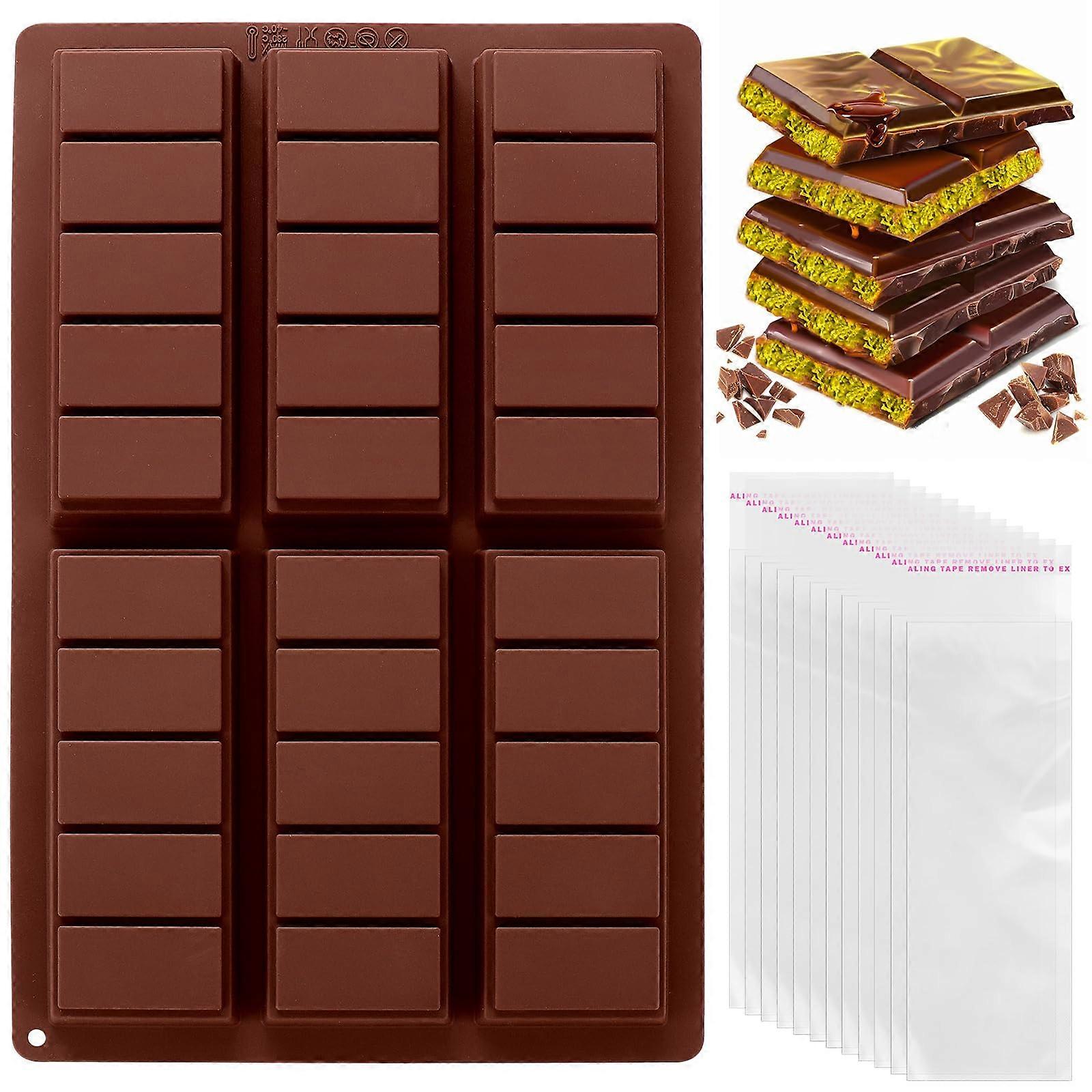 Chocolate Bar Mold Deep Silicone Thick Rectangle for Filled Candy Bars with 100 Storage Bags