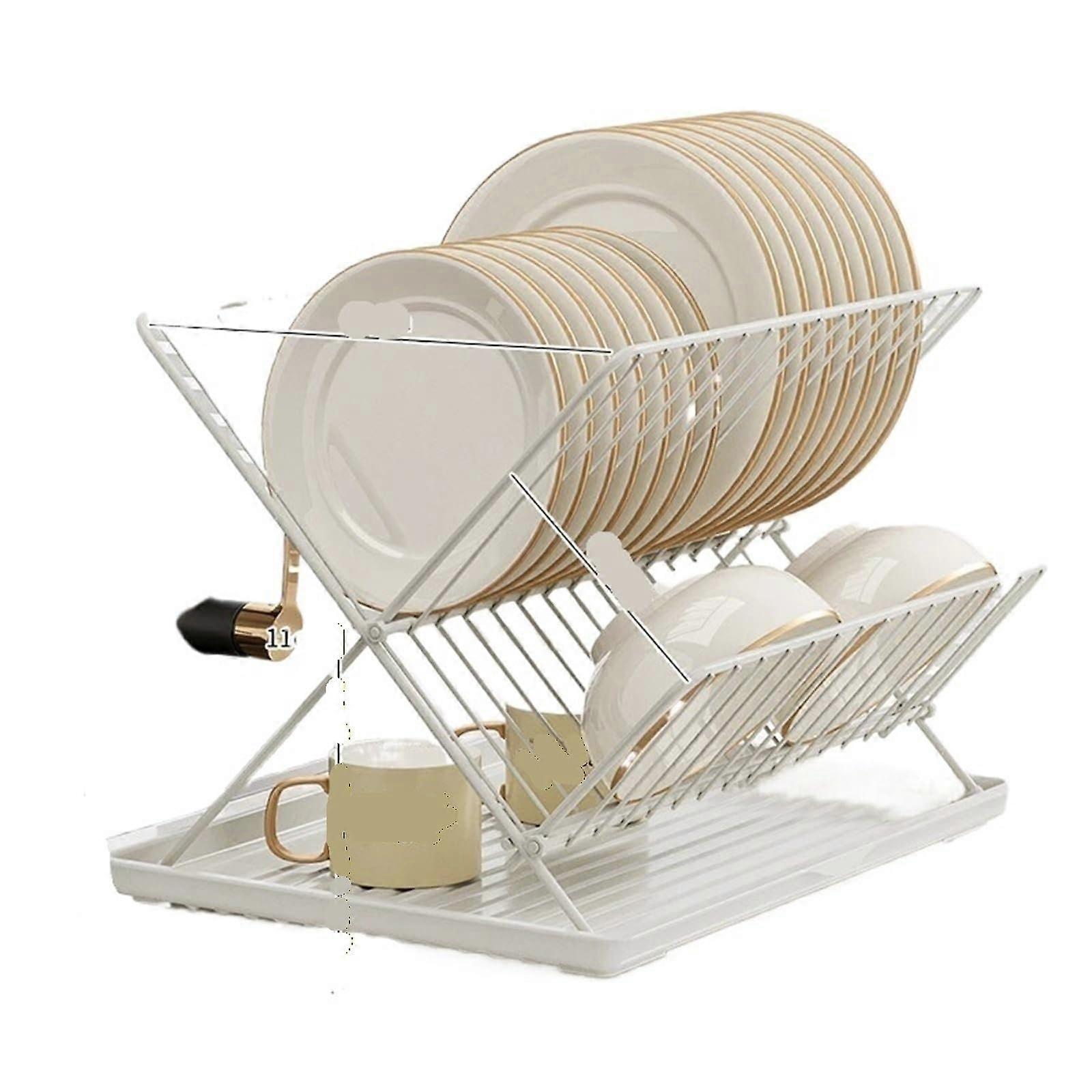 Foldable XShape 2 Tier Dish Drying Rack for Small Kitchen Countertop, Carbon Steel White
