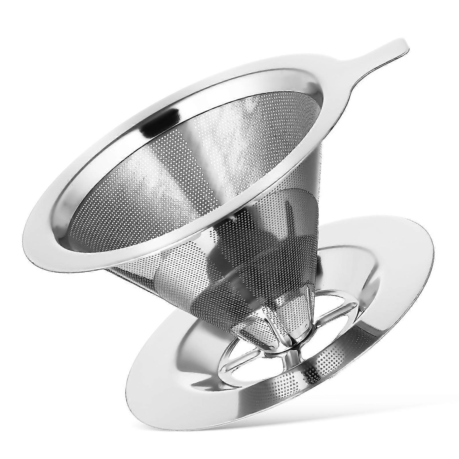 Stainless Steel Coffee Filter Cone DoubleLayer Mesh Reusable Dripper with Tray for Single Cup Brewing