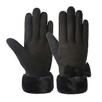 1 Pair Lovely Women Warm Gloves Bow-tied Suede Warm Gloves Stylish Winter Gloves Touch Screen Mitten Multi-purpose Warm Gloves for Woman Wearing Black
