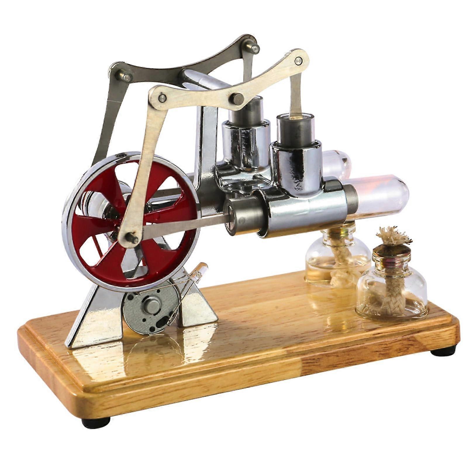 Stirling Engine Model Double Cylinder with LED Light Oak Base for Educational Display