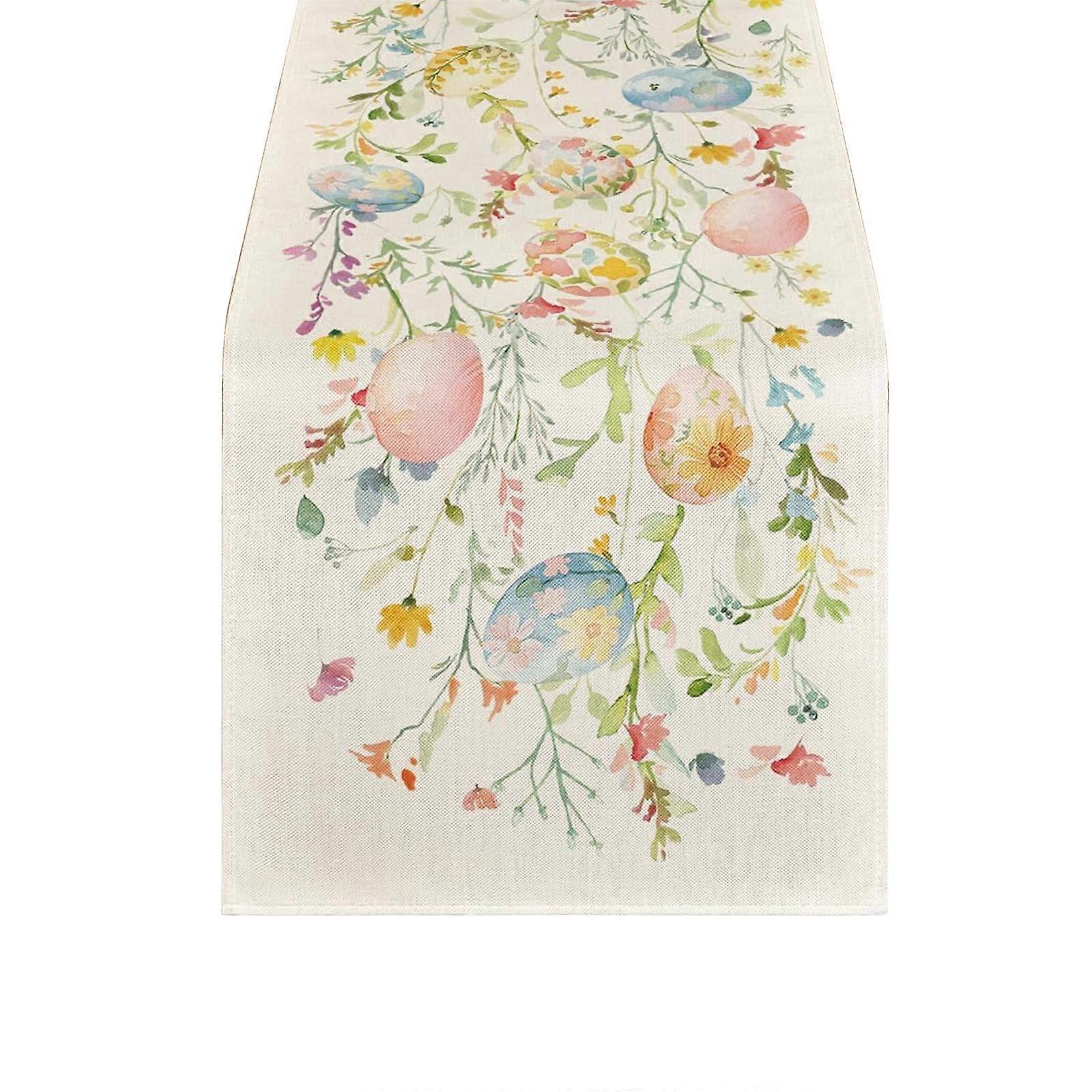 Easter Table Runner, Spring Linen Table Decor with Rabbit and Egg Pattern for Holiday Dining
