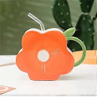 Flower Shape Ceramic Cup with Straw, Coffee Cups Ceramic,  Home Decor, BPA Free, Orange
