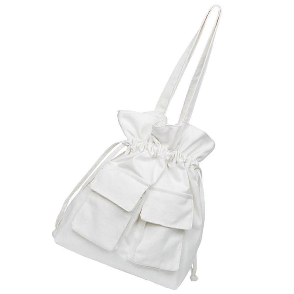 Students Canvas Double Shoulder Bag for Storage 1Pcs White Drawstring Backpack
