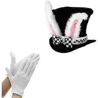 Easter White Bunny Hat Rabbit Costume ,black Velvet White Rabbit Ear Costume Accessory With White Gloves