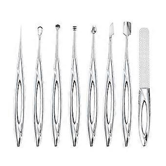 Steel Nail Art Tool Set, Dead Skin Pusher Nail File Ear Scoop Spiral Ear Cleaner, Manicure Beauty Kit