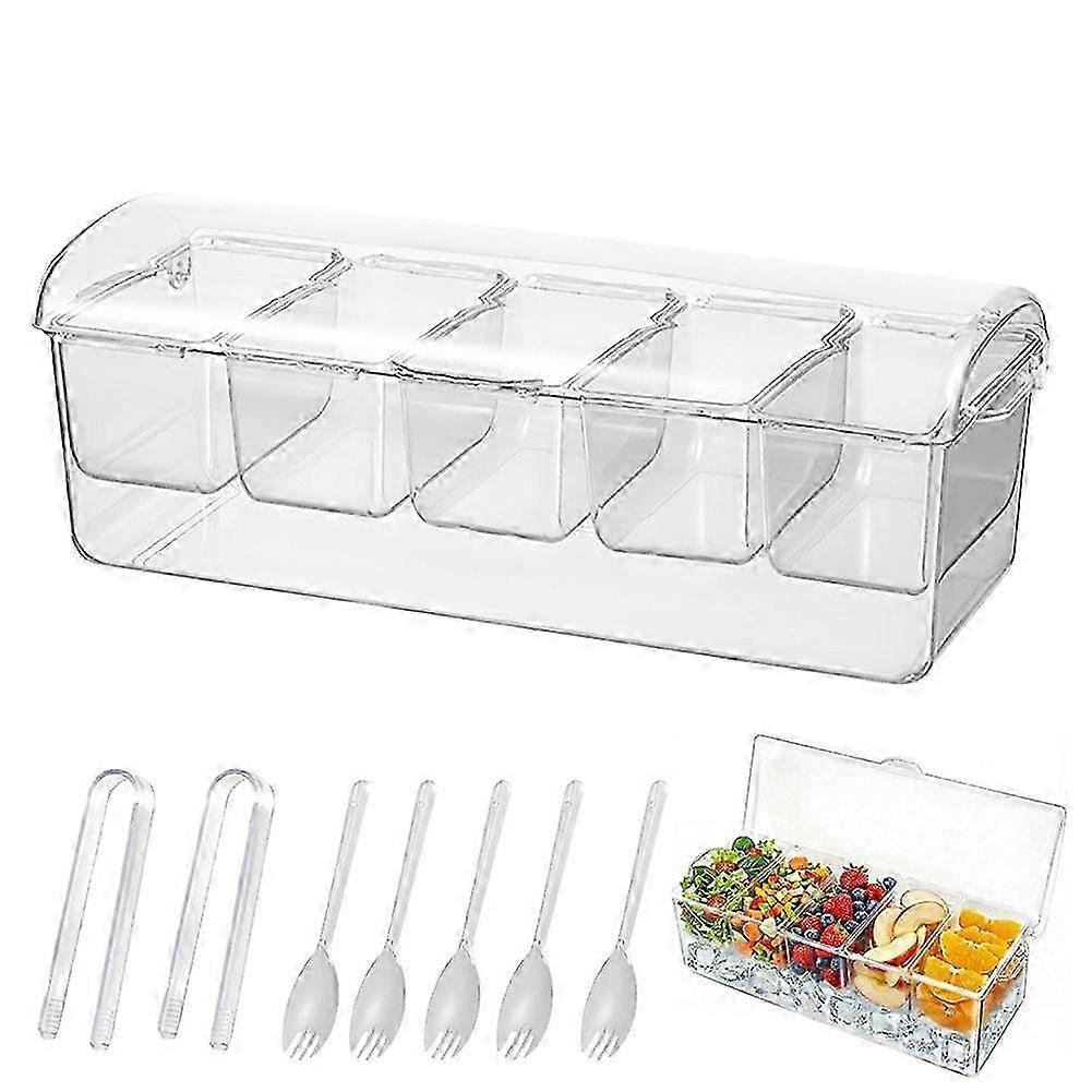 5-Compartment Chilled Garnish Server - Stackable Clear Buffet Tray with Removable Containers & Ice Cooling YTQ