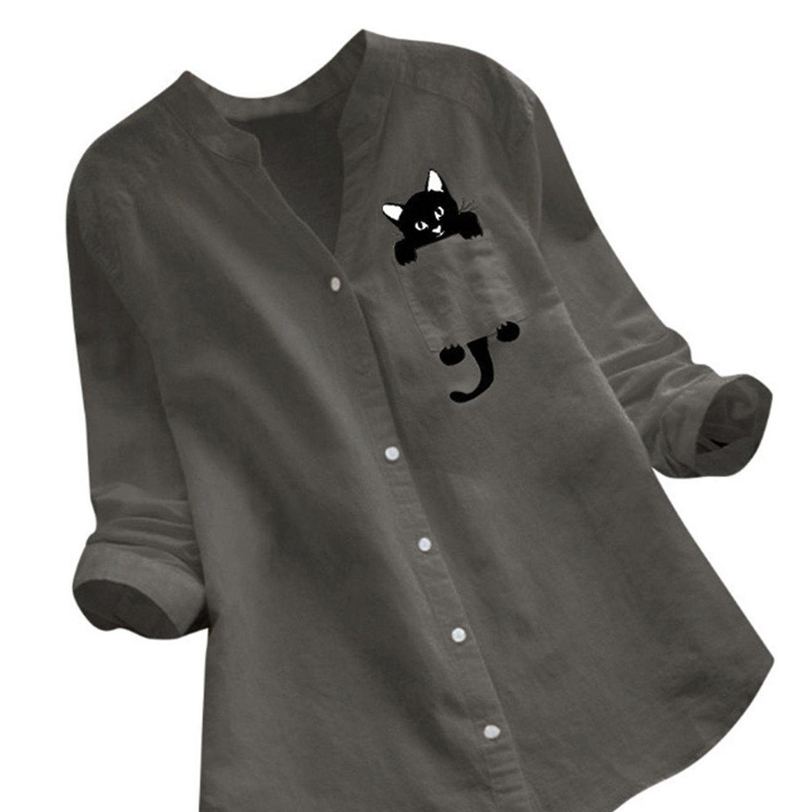 Simple Cat Print Blouse Washable Large Size Shirt for Daily Wear