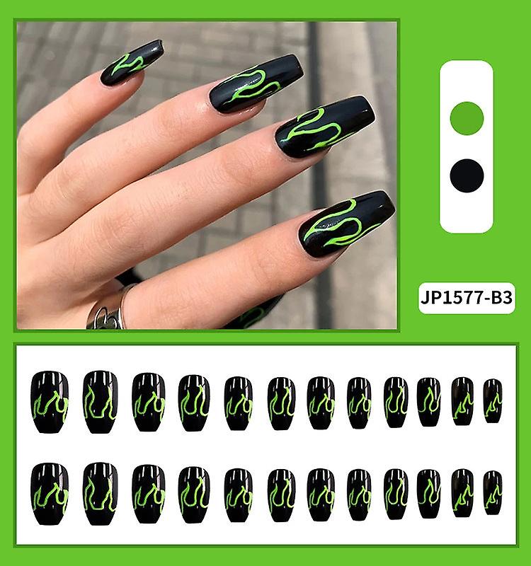 False Nail Tips Fake Artificial Art DIY Finger Cover Long Style Green Flame Temperament White Ballet