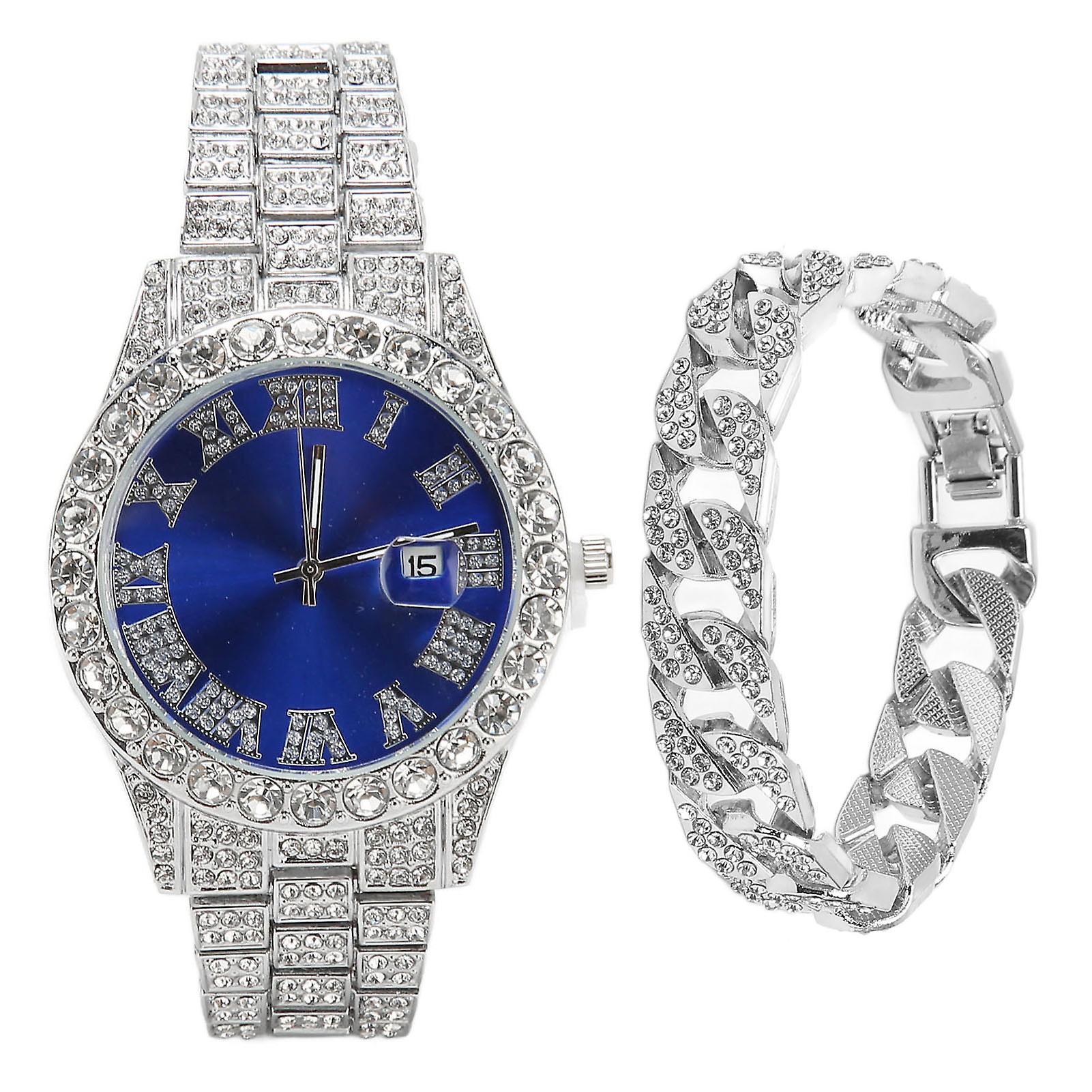 Large Blue Dial Silver Watch: Quartz Movement with Shiny Finish & Bracelet, Includes Calendar Function