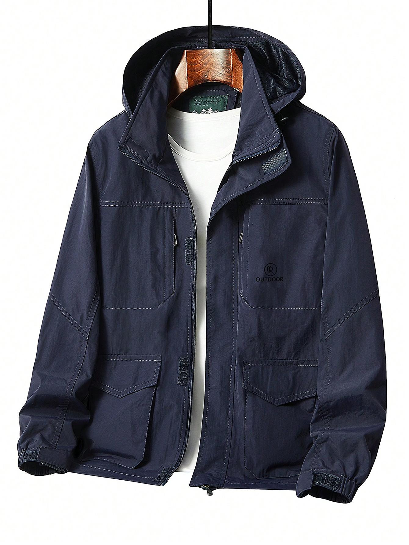 Men Letter Graphic Flap Pocket Hooded Jacket Without Tee
