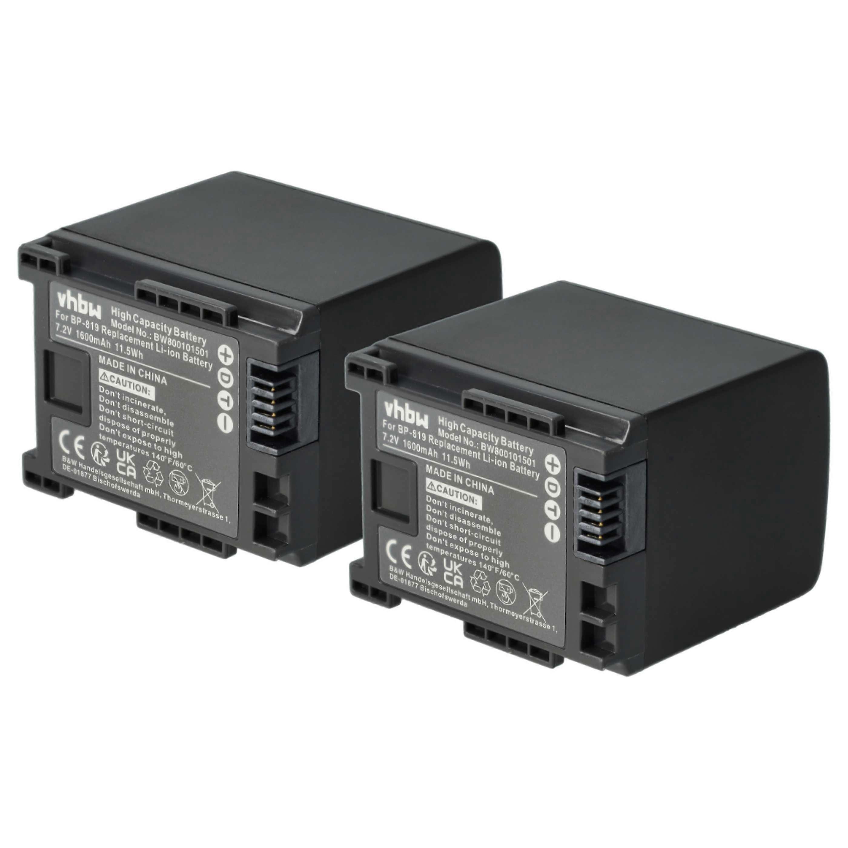 Batterie vhbw 2x compatible avec Canon Vixia HFS30, HF S20, HF S11, HF S100, HF S21, HF S200 Caméscope caméra vidéo (1600 mAh, 7,2 V, Li-Ion) + Infochip