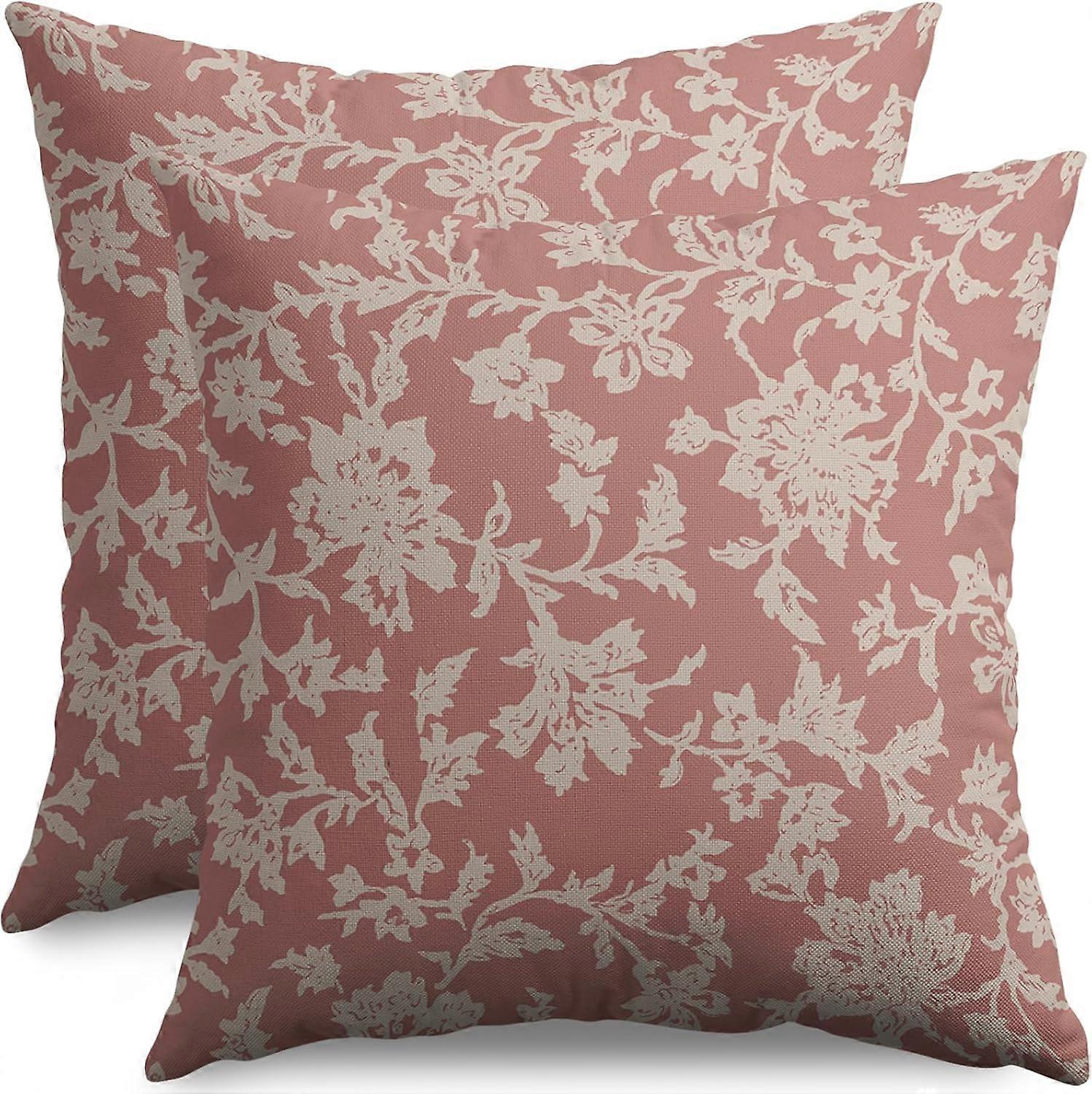 Vintage Floral Block Print Pillow Covers 20x20 Set of 2 Coral Pink Brown Cream Flower Pattern Rustic Old Style Decorative Throw Pillow Cases Outdoor F