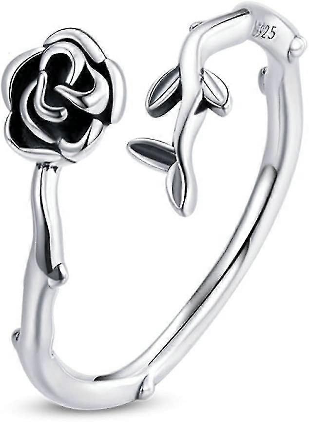 Silver ring Rhodium-plated adjustable ring with rose