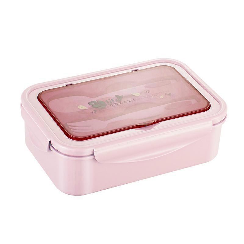 Rectangular compartment plastic lunch box with fork and spoon (pink)