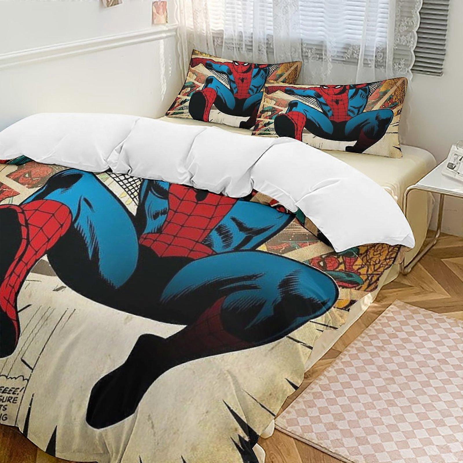 v30 Spider-Man 3-delat set med två enkelsängar - inkluderar 1 enkeltäcke och 2 örngott Sängkläder - Blekningsbeständig mikrofiber - Spider io30