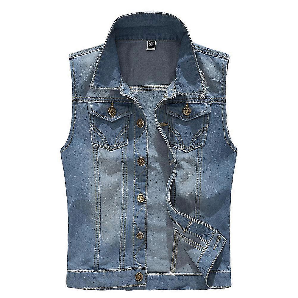 Mens Classic Denim Vest Ripped Golden Button Sleeveless Vest