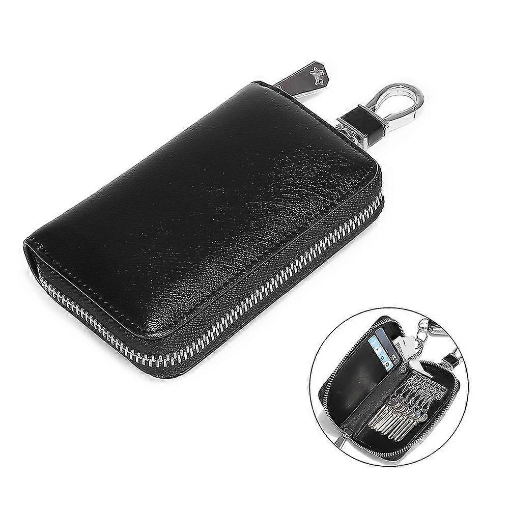 Leather Car Key Case Car Key Chain Protective Cover Zipper Bag, Multifunctional Home Key Case, Black