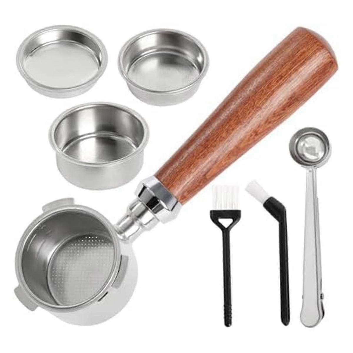 Siebträger 51mm mit Filterkorb 1/2/4 Tasse, 51mm Siebträger Edelstahl Espresso Filterkorb-Set Holzgriff