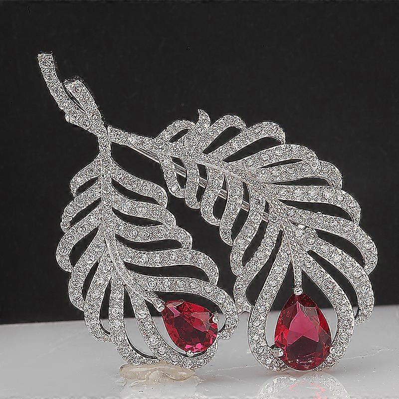 Vintage Style Large White-red CZ Peacock Feather Brooch Pin