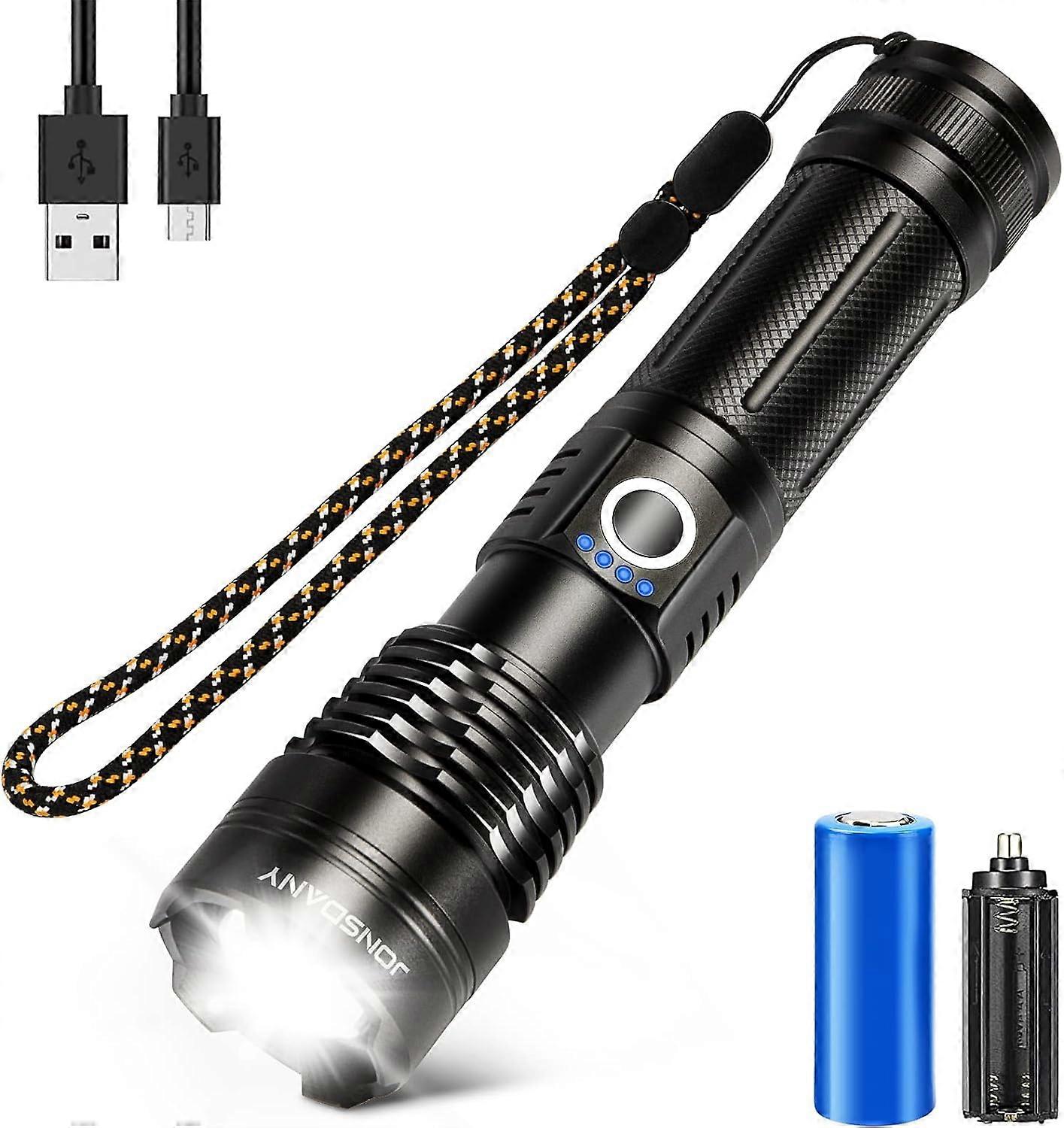 LED Flashlight, Rechargeable Flashlight, Zoomable, Long Lasting, IP68 Waterproof and 5 Working Modes for