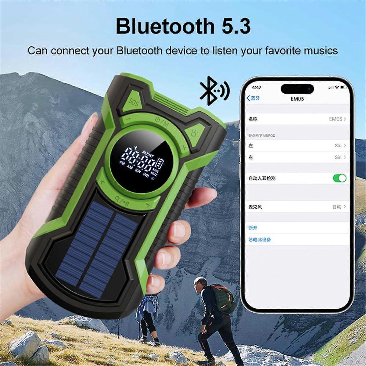 Hand Crank Solar Radio Portable AM/FM/ Weather Radio with LED Flashlight Bluetooth 5.0 Speaker Emer
