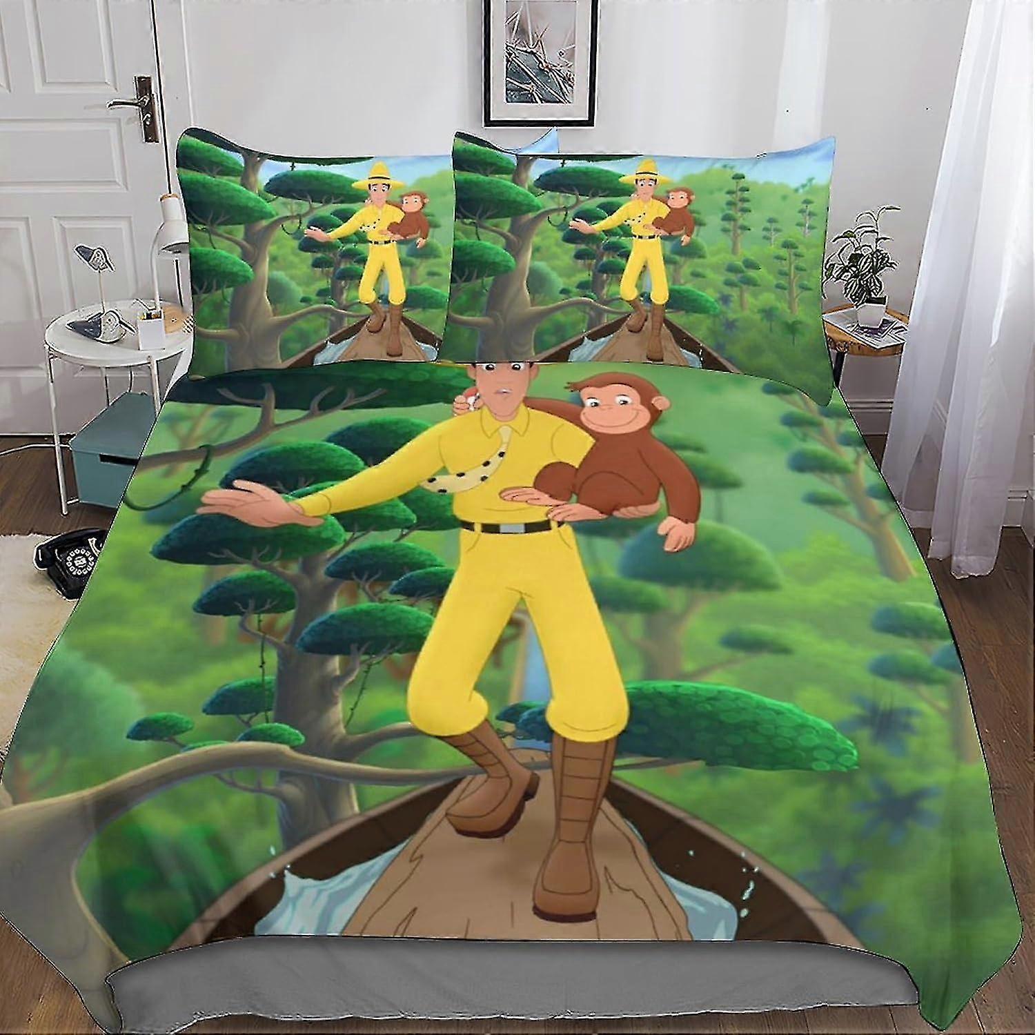 o3867 Lençóis Curious George Capa de Edredom Conjunto de 3 Peças Bonito Anime Quilt Cover Microfibra Poliéster Capa de Conforto com Fecho de Zíper Pi