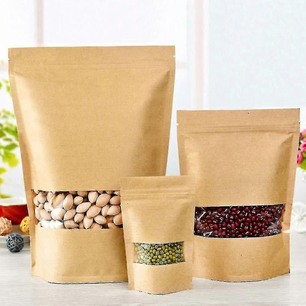 100pcs Kraft Bags With Window Stand Up Ziplock Seal Paper Bag Resealable Large Food Storage Pouch