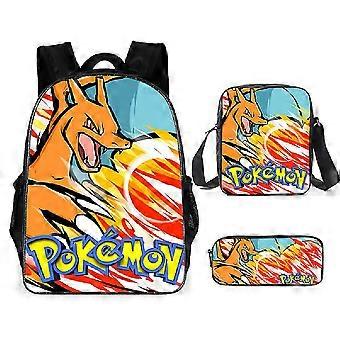 KINZON 3 Pçs / set Cartoon Anime Pokmon Crianças Mochila Lancheira Lápis Caso Estudante Mochila 07