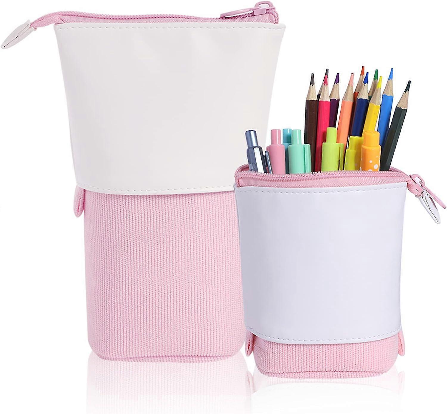 Pop Up Pen Pencil Telescopic Holder Stationery Case, PU Corduroy Stand-up Transformer Bag Colorful O