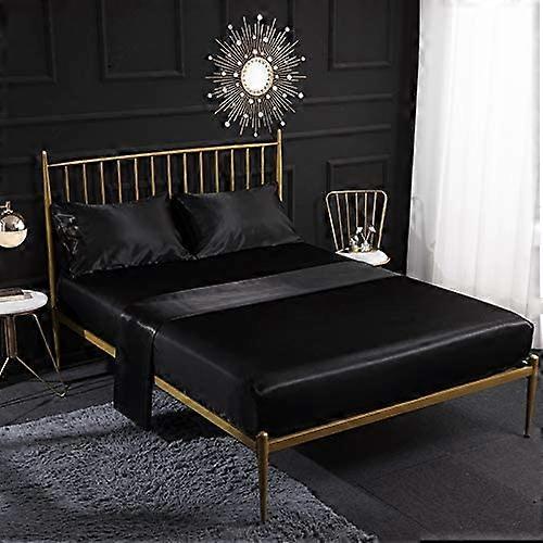 4pcs Silk Sateen Bedding Set with Fitted Sheet,Flat Sheet,Pillowcase,Breathable,Black(King)