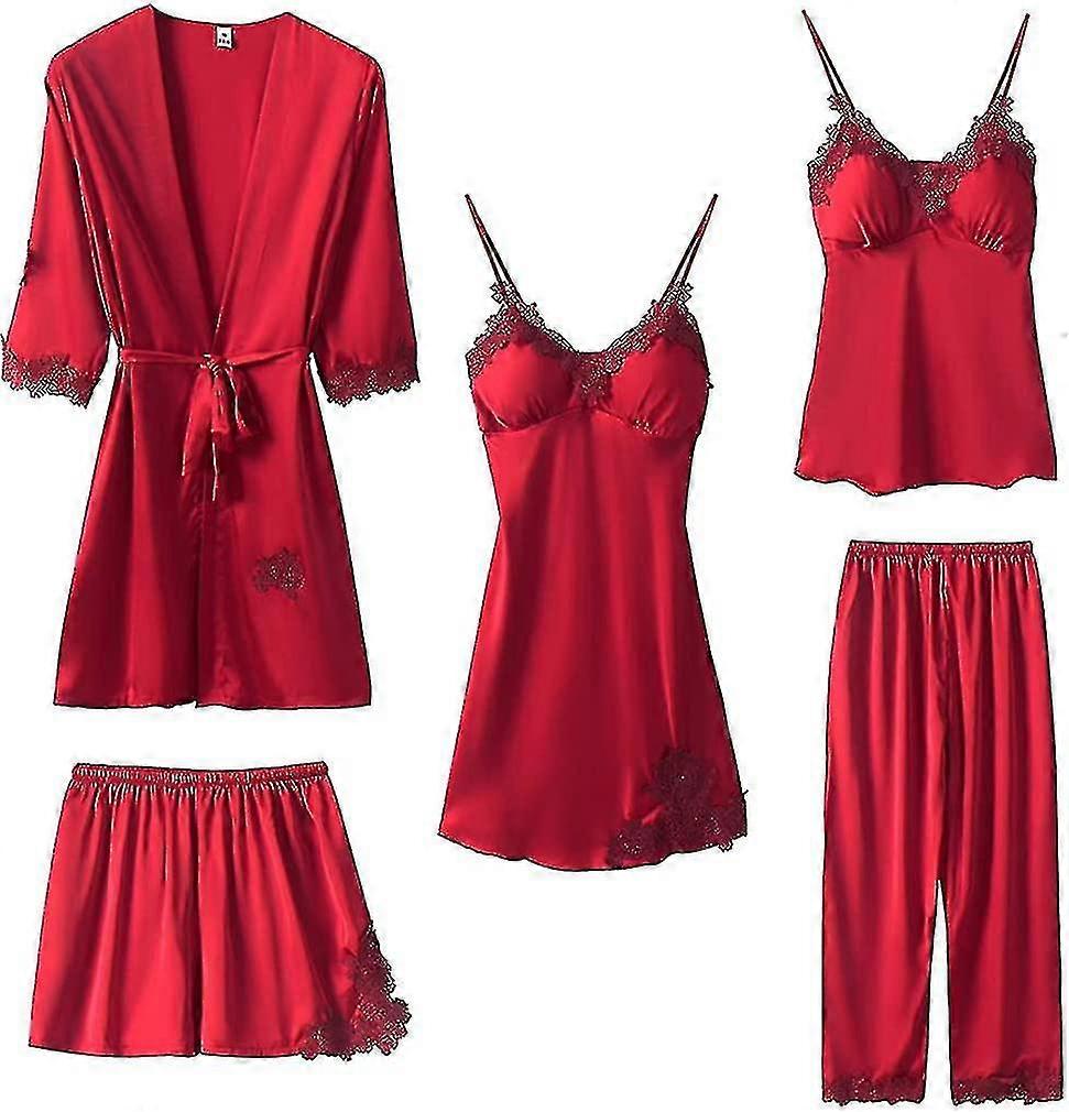 Kadın İpek Saten Pijama Takımı 5'li Pijama Gecelik Cami Şort Bornoz Ve Pantolonlu Pijama Seti