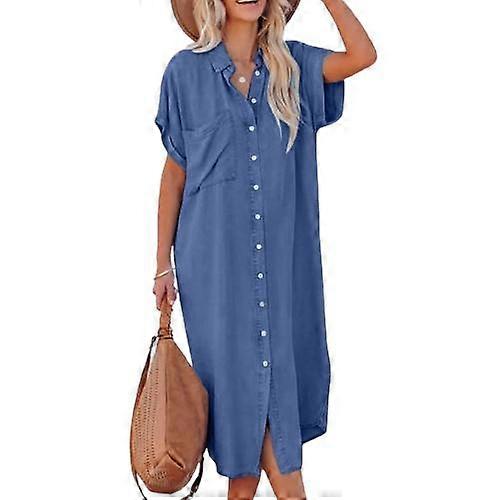 Robe chemise fendue longue à manches courtes en denim de couleur unie à la mode