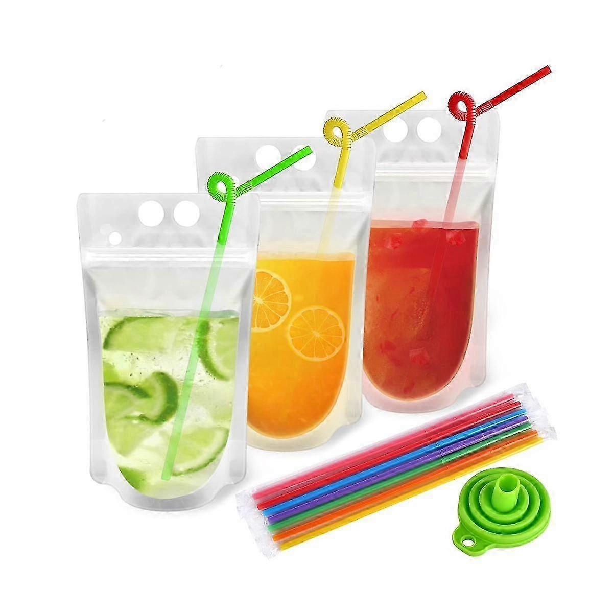 100Pcs Reusable Trinken Beutel mit 100 Einzeln Verpackt Strohhalme für Erwachsene Klar Trinken Taschen mit