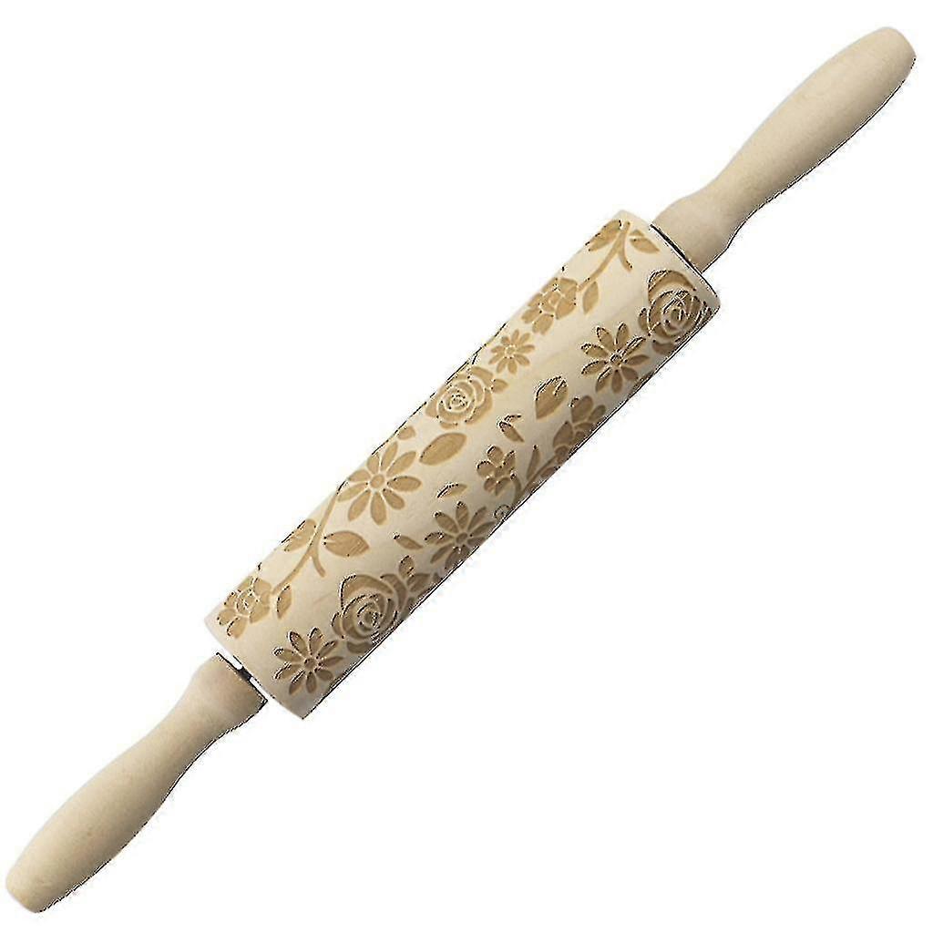 Embossing Rolling Pin Wooden 3d Rose Flower Pattern Embossed Engraved Roller