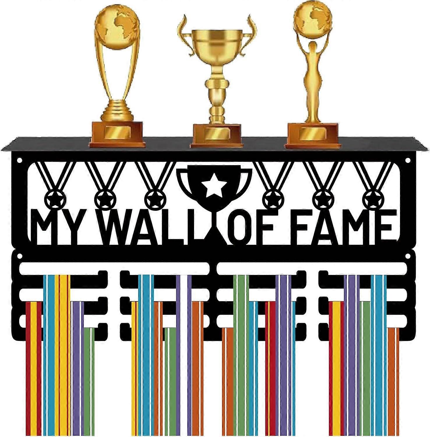 Medal Holder with Shelf Medal Hanger Display Trophy Shelf Stand Sports 4 Rows Metal Hanging Wall Mount Frame Hold 70+ Medals for Running Ribbon Medals