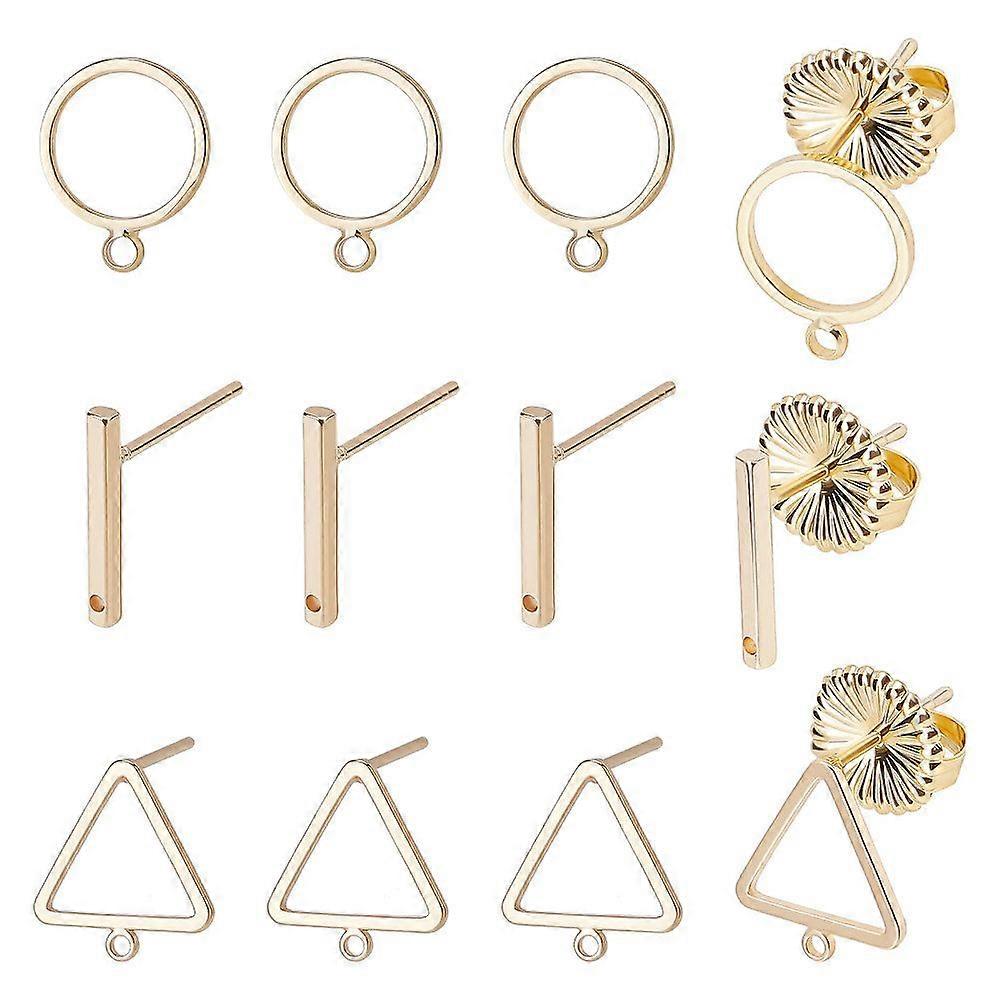 12Pcs 3 Style 18K Gold Plated Stud Earrings with Loop Circle Rectangle Triangle Earring Posts with 12Pcs Locking Earring Backs for Women Girl Jewelry 