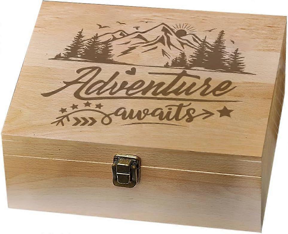 1 Pc Wooden Memory Keepsake Box Adventure Awaits Memory Box with Hinged Lids Keepsake Chest for Souvenirs Picture Letter Storage 9.6x7.6x4inch(24.5x19