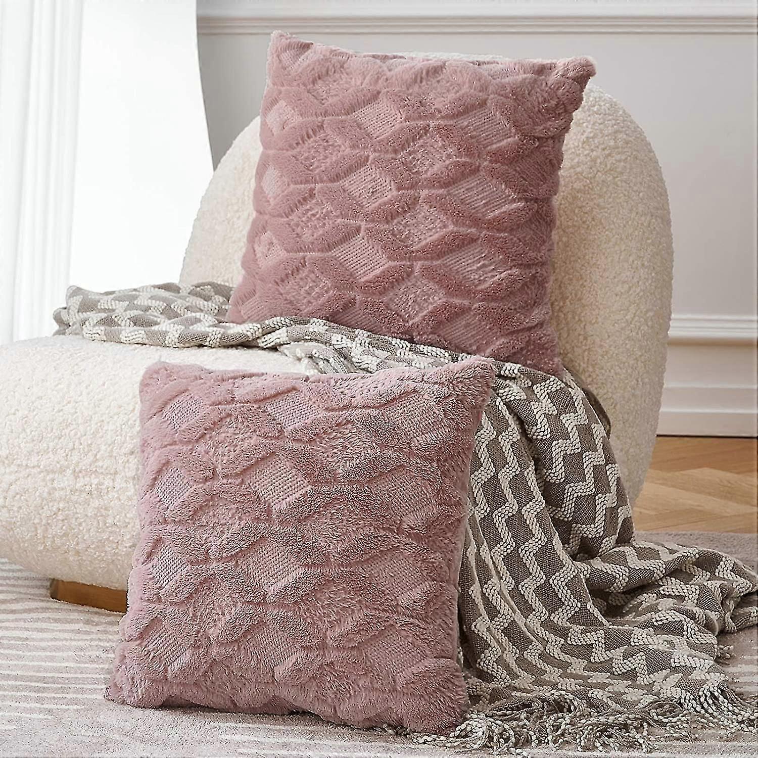 Set Of 2 Super Soft Faux Wool Luxury Style Fur Throw Pillow Covers Decorative Velvet Pillowcase For Cushion Sofa Bed Livingroom Square 18 X 18 Inch