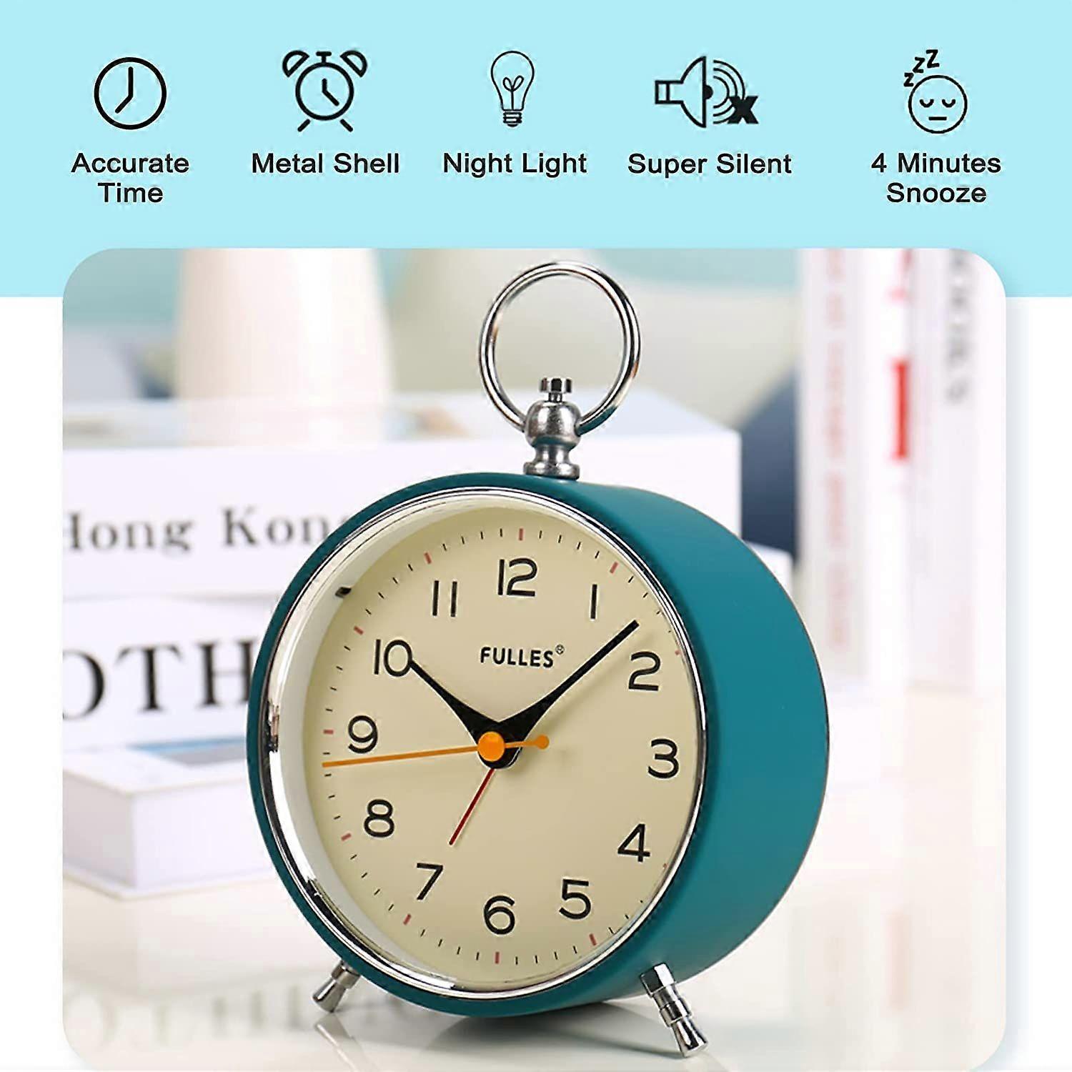 Analog Alarm Clock Non Ticking with Night Light Snooze Function Round Retro Alarm Clock Battery Operated Clock for Bedroom Living Room for Kidswhite