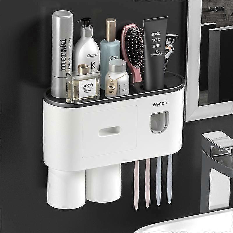 Bathroom Organizer Toothpaste Automatic Dispenser Toothbrush Holder Wall Mounted,Multifunctional Toothbrush Holder Storage Rack/grey