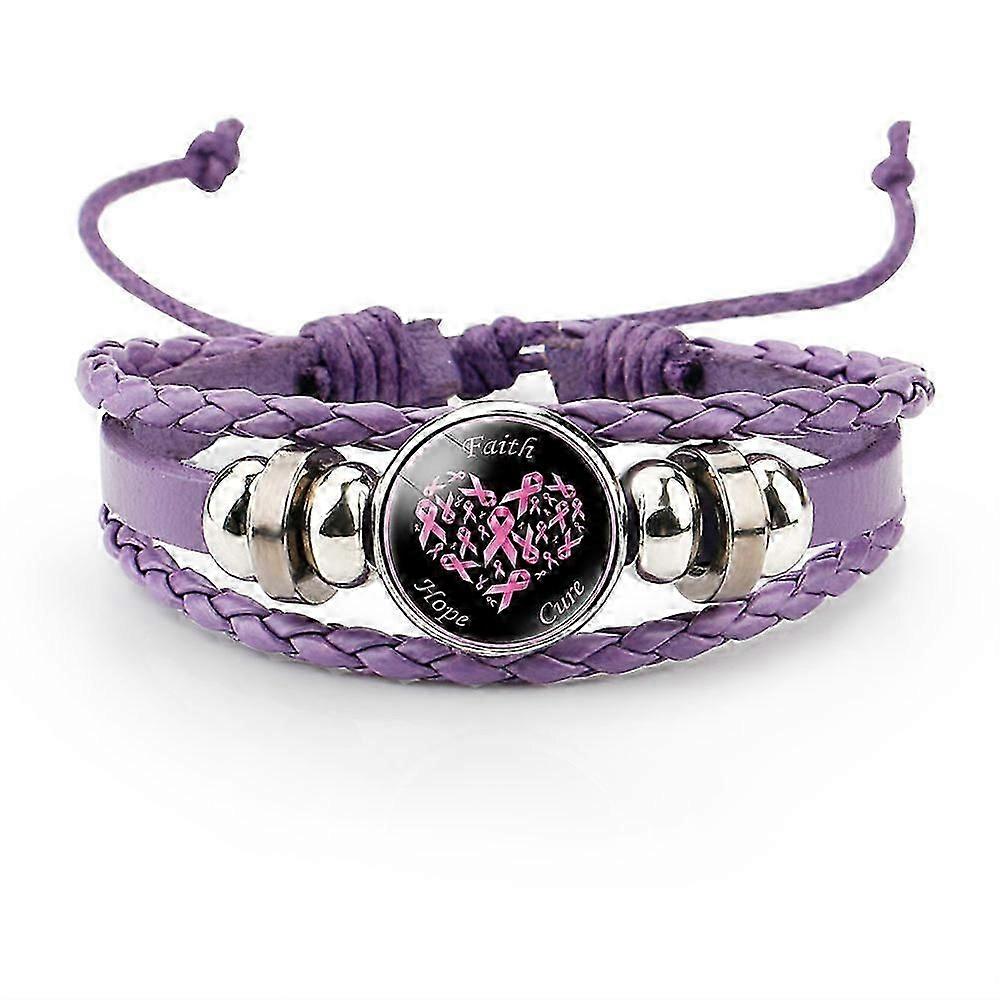 Breast Cancer Awareness Hope Bracelet For Women Pink Ribbon charm Braided leather Rope Wrap Bangle Fashion handmade Jewelry, Happy H