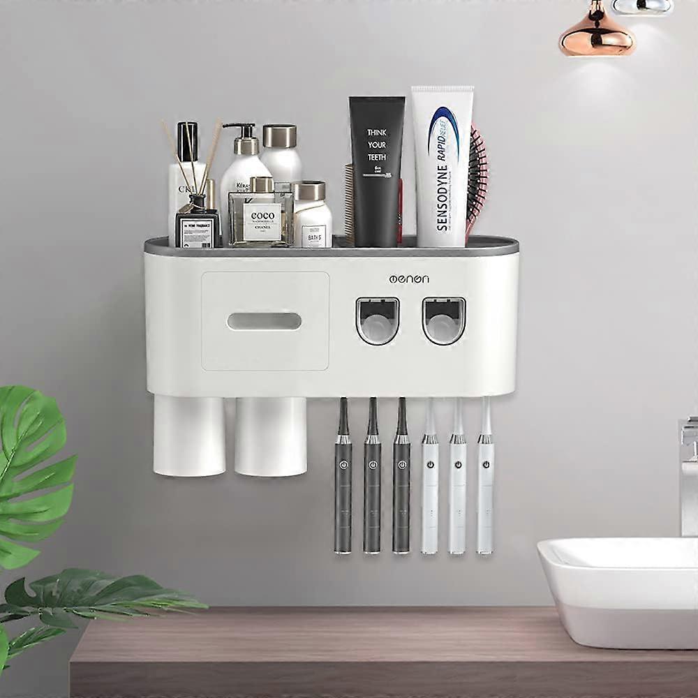 Wall-Mounted Toothbrush Holder, Double Toothpaste Dispenser