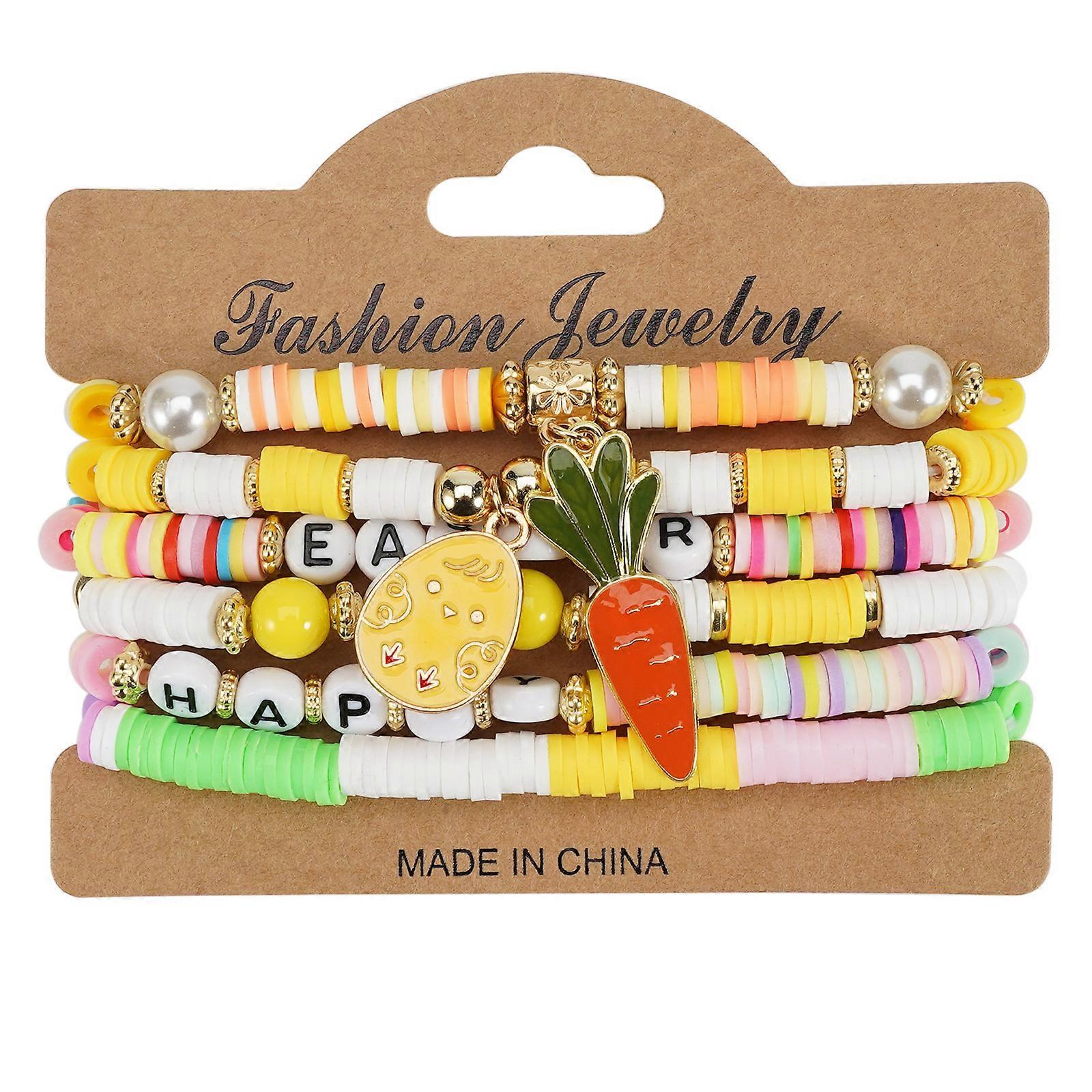 Easter Rabbit Eggs Designs Polymer Clay Bracelets Set of 6 Comfortable Wear and Long Time Use for All Ages Outfits