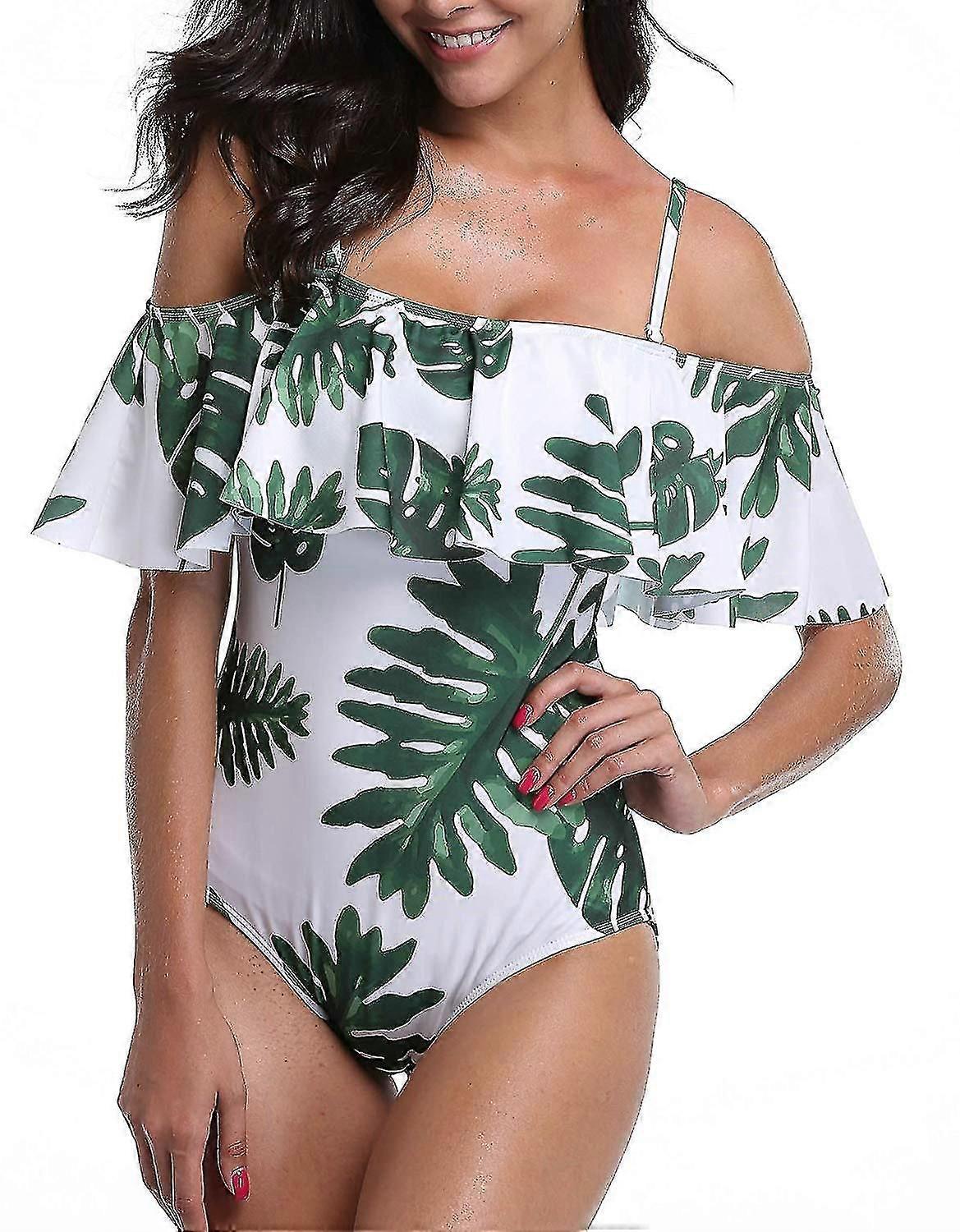 Women One Piece Plus Size Swimwear Cute Ruffle Design, Straight Neckline With Off Shoulder Design Leaves Printing Sw
