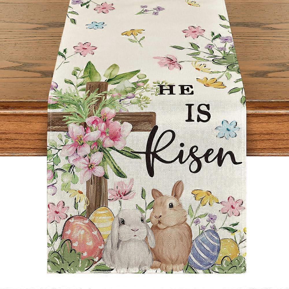 Bunny Eggs She's Risen Easter Tablecloth 13x72 Inch Spring Kitchen Dining Decoration Seasonal Design