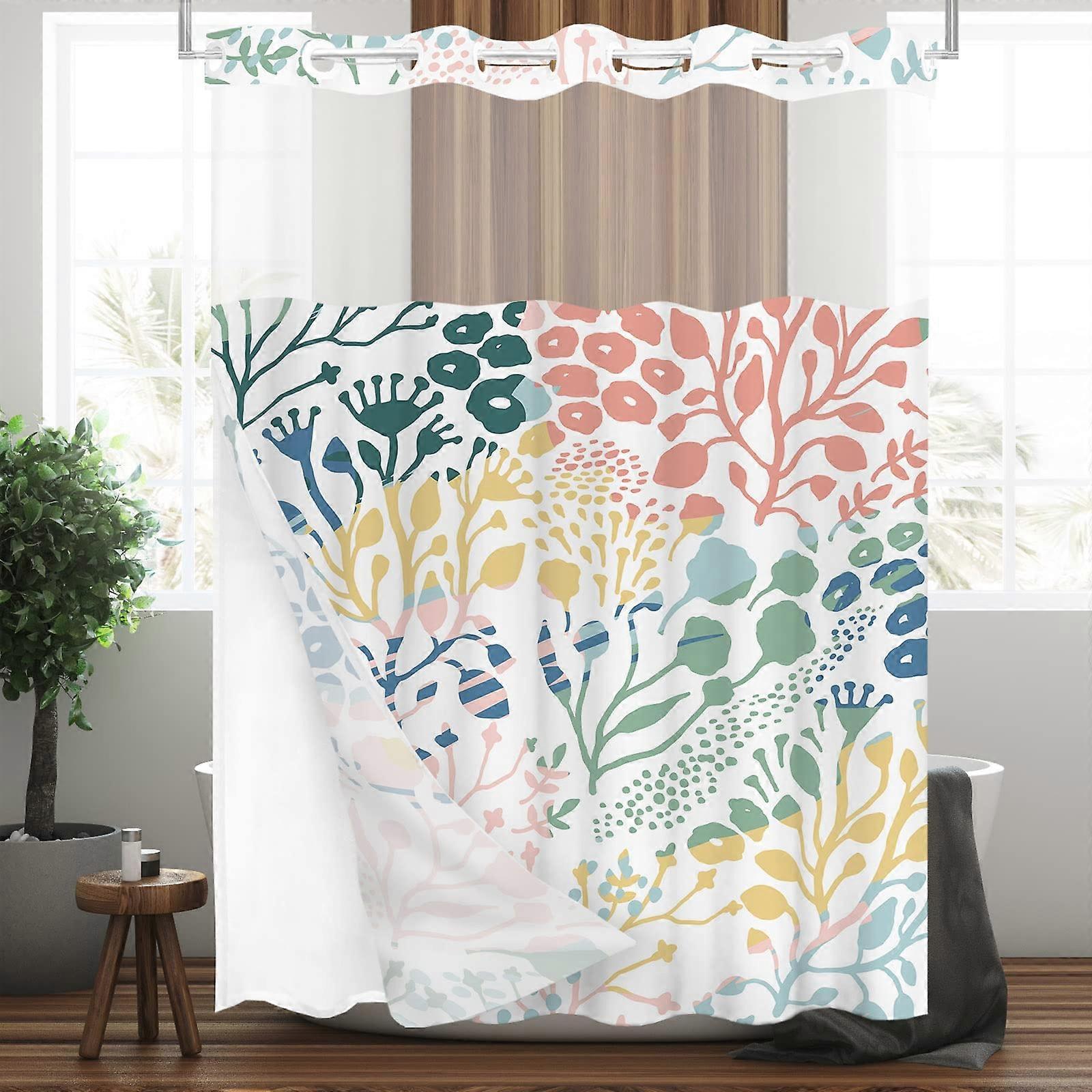 No Hooks Snap In Liner Coral Shower Curtain 72x78 Inch Double Layer Waterproof Fabric with See-Through Top Window