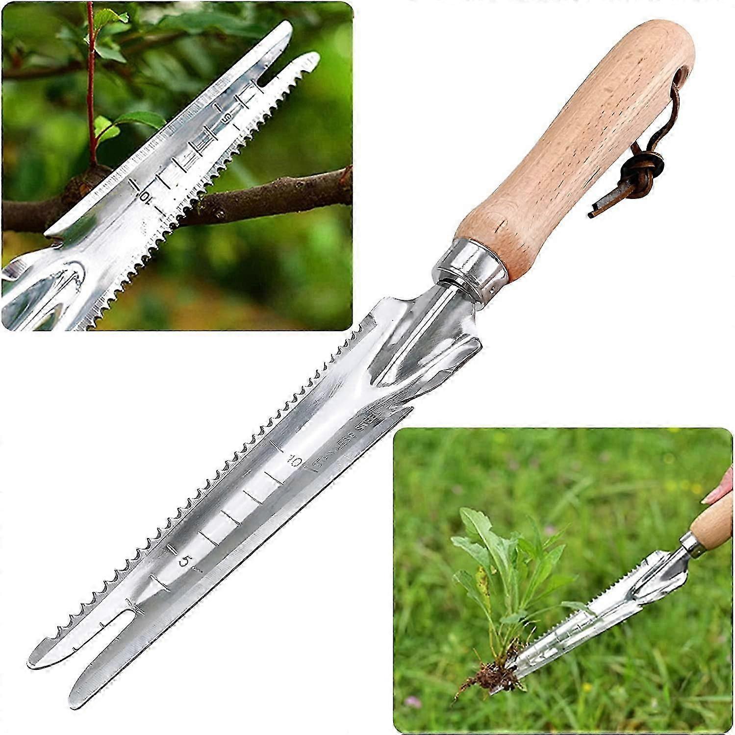 Manual Weeding Tool Wooden Handle Stainless Steel Weeder with Measure Mowing Tool Weed Puller Weedin