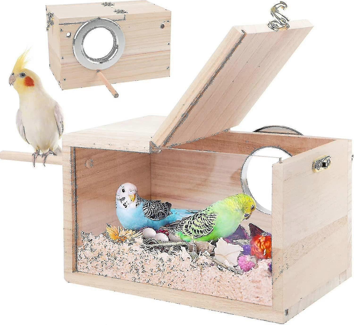 Parakeet Nesting Box Transparent Design, Bird Nest Breeding Box With Perch Wood Bird Cage House For Cockatiel Lovebirds Budgie Finch Parrotlets Canary