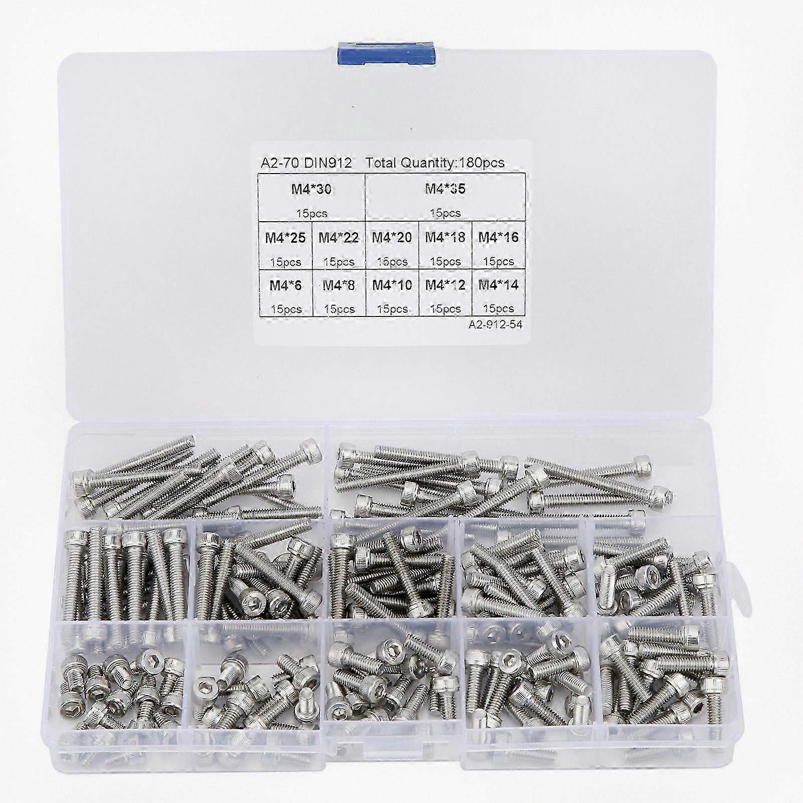 Multi-Length Combination Set of Hex Socket Screws and Caps in 304 Stainless Steel, Nail Assortment Kit with 180 Pieces (M4)